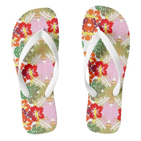 Abstract Red Hibiscus Flower With Green Leaves Flip Flops Pink