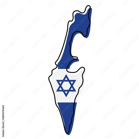 Stylized outline map of Israel with national flag icon. Flag color map ...