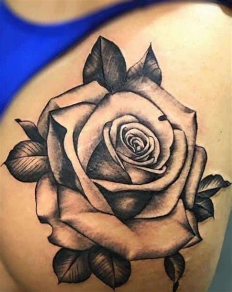 Realistic Rose Tattoo On Womans Shoulder