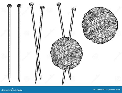 Yarn And Knitting Needles Illustration Drawing Engraving Ink Line