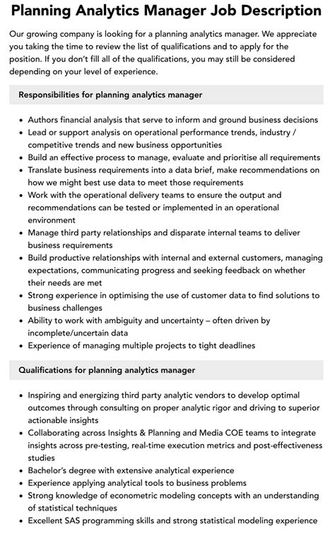 Planning Analytics Manager Job Description Velvet Jobs