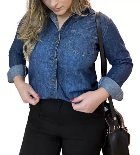 Camisa Jeans Feminina Manga Longa Com Bolso Parcelamento Sem Juros