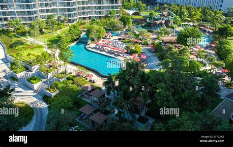 drone view from above a swimming pool on a luxury vacation in Thailand ...