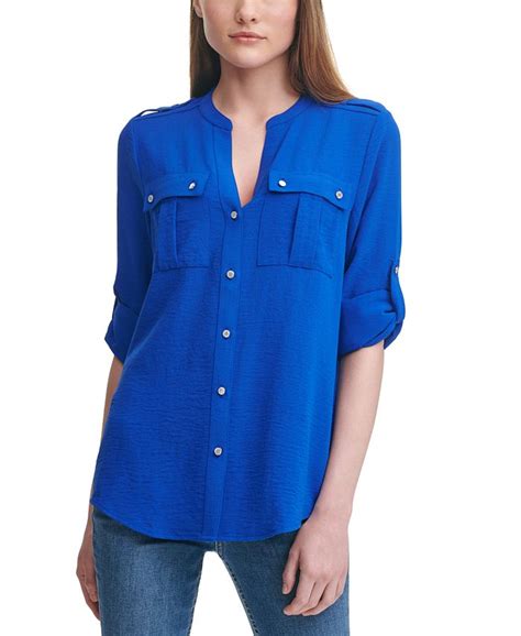 Calvin Klein Textured Roll Tab Button Down Shirt And Reviews Tops Women Macys