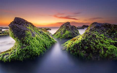 Landscape Long Exposure Stones Moss Sea Sunset Horizon Clouds