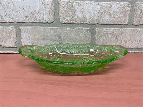 Vintage Green Uranium Glass Relish Dish Cranberry Sauce Dish Serving Platter Glowing Green