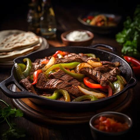 Premium AI Image A Plate Of Delicious Beef Fajitas Sizzling On A Hot