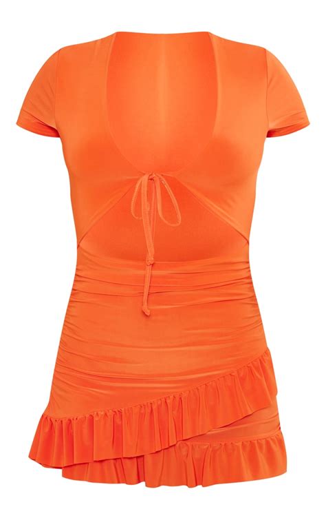 Tangerine Tie Bust Cut Out Frill Hem Bodycon Dress Dresses Prettylittlething Usa