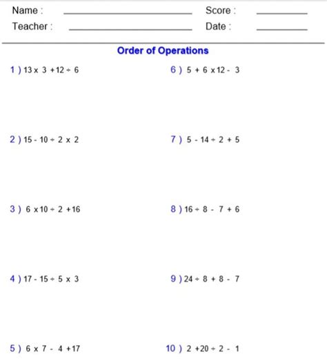 Printable Order Of Operations Worksheet Free Download And Print For You