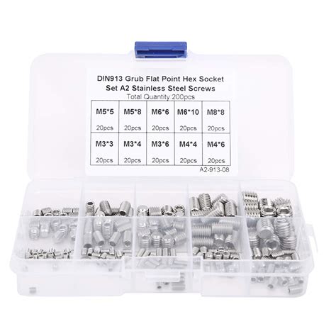 200pcs M3 M4 M5 M6 M8 Stainless Steel Flat Point Hex Socket Grub Screw