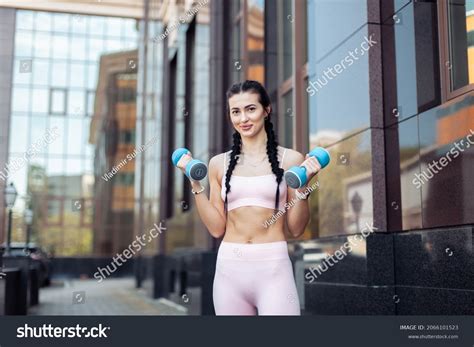 Sexy Fit Brunette Woman Pigtails Trains Stock Photo 2066101523