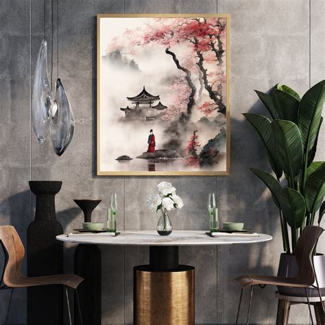 Digital Art Asian Ancient Fantasy Landscape With Blossom Printable Wall Art Digital Art Asian