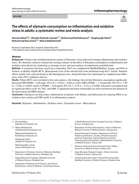 The Effects Of Silymarin Consumption On Inflammation And Oxidative