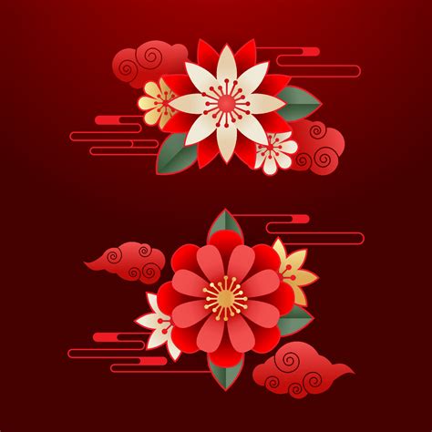 Wechinese Ornament Floral Vector Set Oriental Flower Template Design