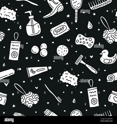 Black And White Seamless Pattern With Doodle Bathroom And Hygiene Icons