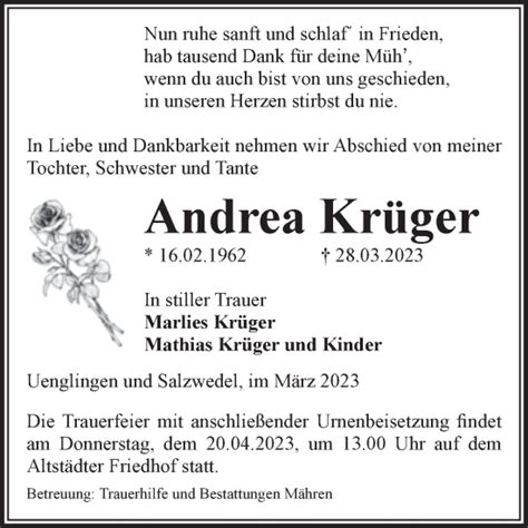 Traueranzeigen Von Andrea Kr Ger Abschied Nehmen De