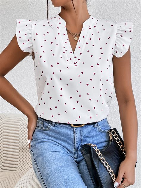 SHEIN Privé Blusa con estampado de corazón de cuello de muesca de manga