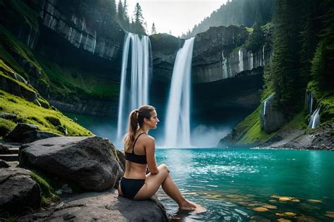 Una Impresionante Modelo De Bikini Posa Cerca De Una Impresionante Cascada Imagen Premium
