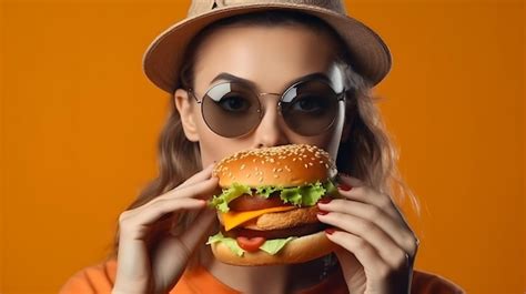 Una Mujer Comiendo Una Hamburguesa Con Un Fondo Rojo Foto Premium