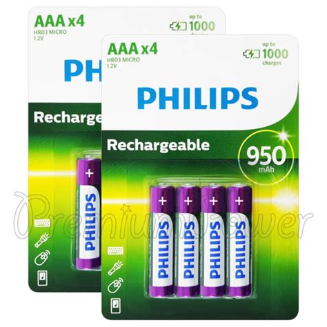 8 X Philips Rechargeable AAA 950 MAh Batteries NiMh 1 2V HR03 Micro