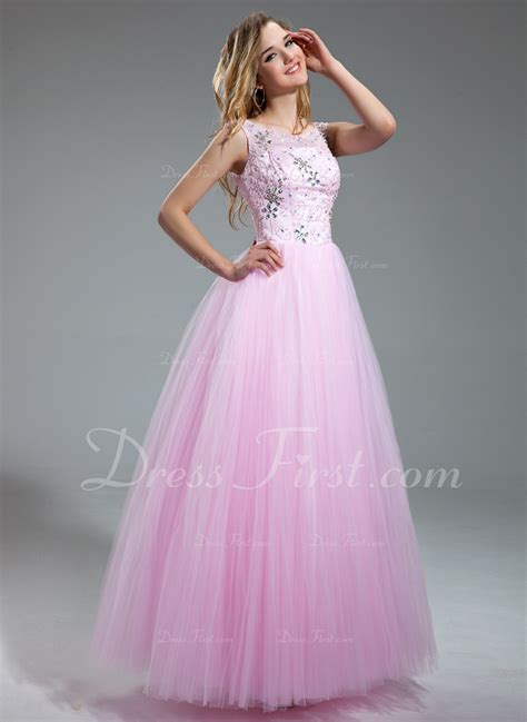 Ball Gown Scoop Neck Floor Length Tulle Prom Dresses With Beading