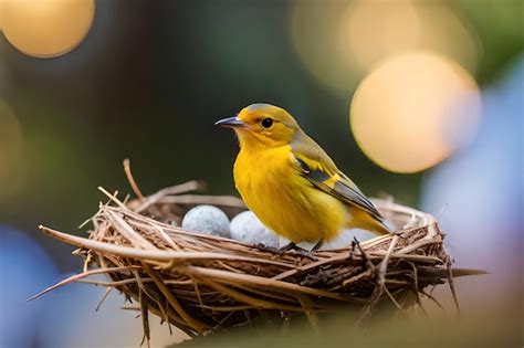 Premium Photo A Bird Sits In A Nest With Eggs On It