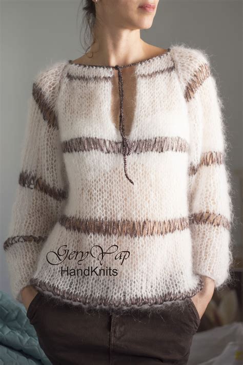 Hand Knitted Women Sexy Mohair Loose Knit Sweater In White And Copper