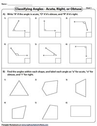 Acute, Right, and Obtuse Angles Worksheets