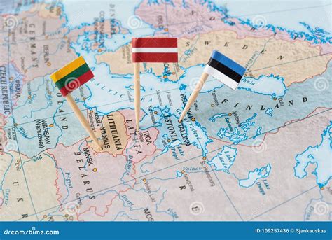 The Baltic States Map with Flag Pins Stock Photo - Image of ...