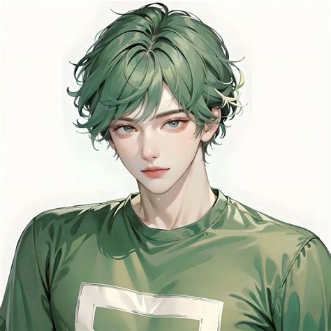 An Anime Character With Green Hair Wearing A Green T Shirt And