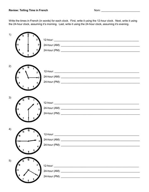 French Time Review Quelle Heure Est Il Worksheet In French