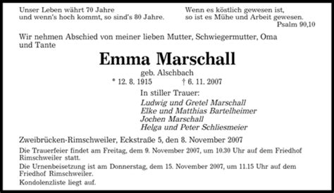 Traueranzeigen Von Emma Marschall Saarbruecker Zeitung Trauer De