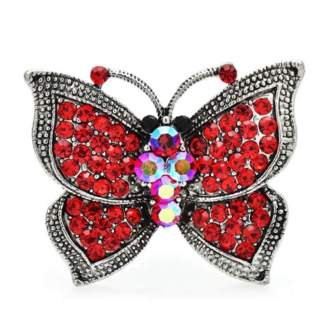 Wuli Baby Sparkling Butterfly Brooches For Women Unisex Red Rhinestone