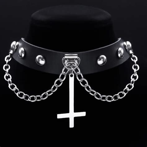 Harajuku Choker Gothic Satan Omgekeerde Kruis Ketting Rvs Pu Lederen