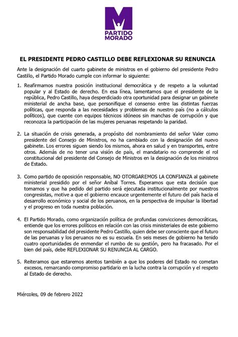 Partido Morado Le Pide Al Presidente Pedro Castillo Que Reflexione