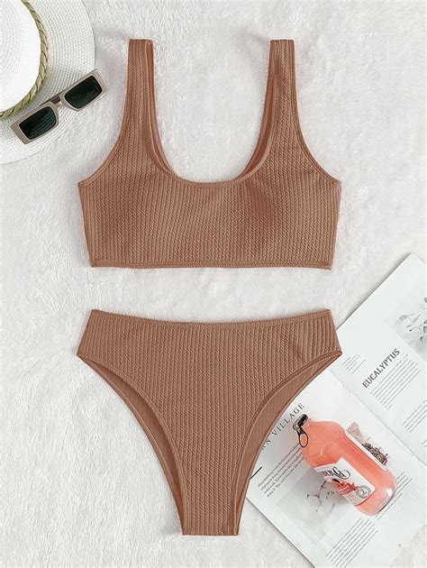 Conjunto de bikini acanalado camiseta sin mangas y bottom de bikini traje de baño de piezas
