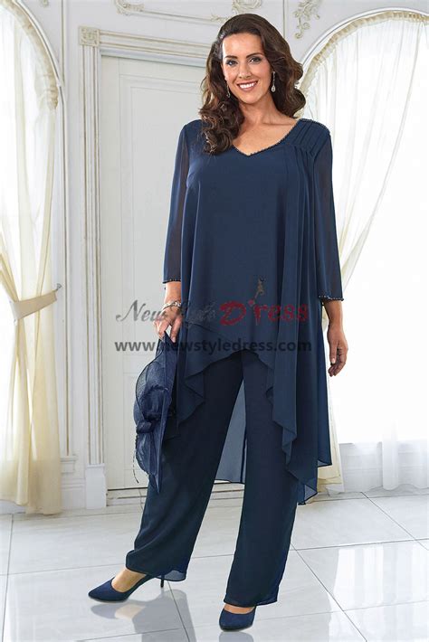 Navy Chiffon Flowy Two Pieces Pearl Embellished Mother Of The Bride