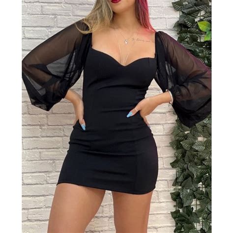 Vestido Manga Longa Tule Bojo Vestido Preto Colado Shopee Brasil