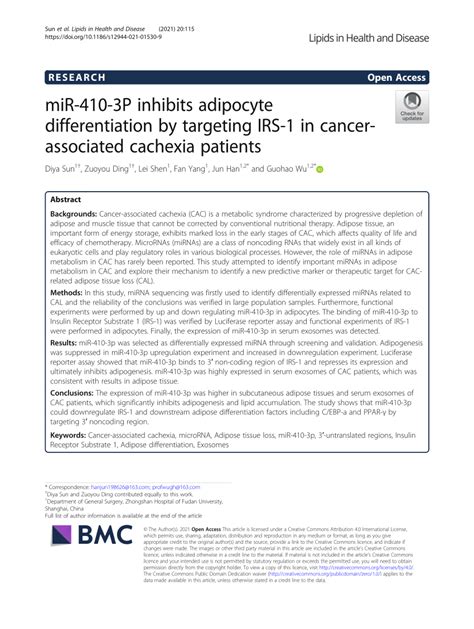 Pdf Mir 410 3p Inhibits Adipocyte Differentiation By Targeting Irs 1