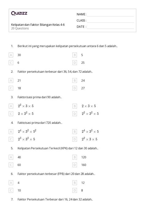 50 Lembar Kerja Faktor Dan Kelipatan Untuk Kelas 6 Di Quizizz Gratis And Dapat Dicetak