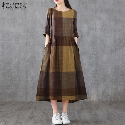 Hijabfab Zanzea Women Muslim Check Lattice Half Sleeve Casual