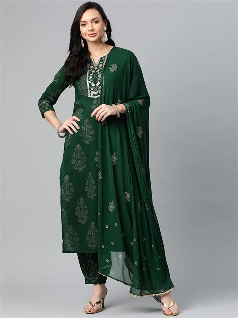 Buy Ahika Women Green And Gold Ethnic Print Sequin Detail Cotton Kurta