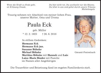 Traueranzeigen Von Paula Eck Trauer Merkur De