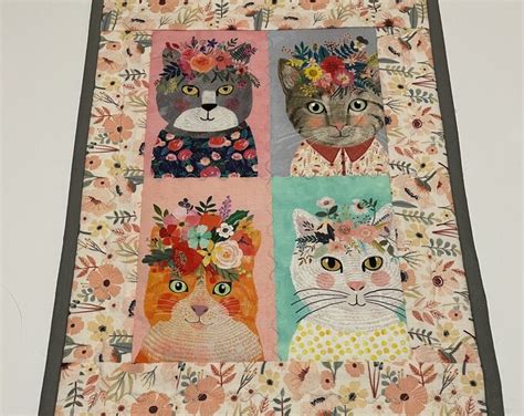 Floral Quilted Table Runner Cat Table Runner Pretty Kitty Quilted Table Topper Kitty Lover