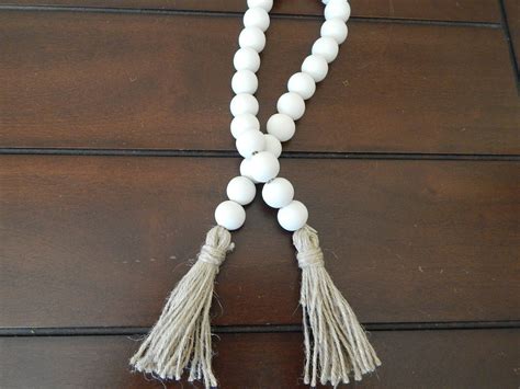 White Wood Bead Garland With Jute Tassels Boho Home Decor Jewelry For The Home Rustic Bead