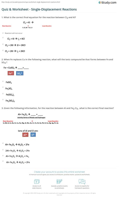 Quiz & Worksheet - Single-Displacement Reactions | Study.com