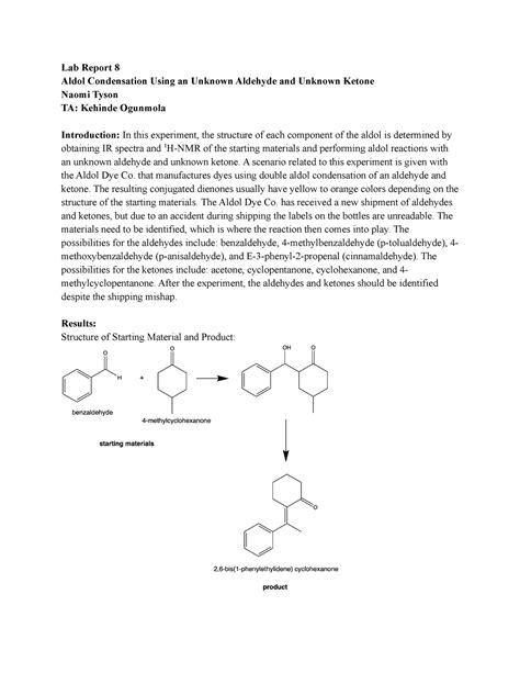 CH 237 Experiment 8 Aldol Condensation Using An Unknown Aldehyde And