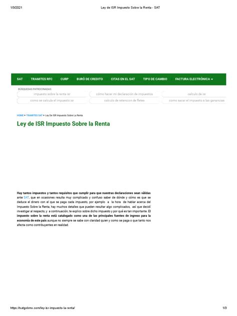 Ley De Isr Impuesto Sobre La Renta Sat Descargar Gratis Pdf