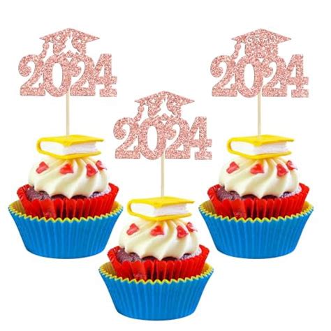 Gyufise 24Pcs 2024 Graduation Cupcake Toppers Glitter Diploma Grad Cap