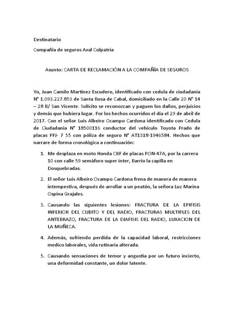 Carta De Reclamación A La Compañía De Seguros Pdf